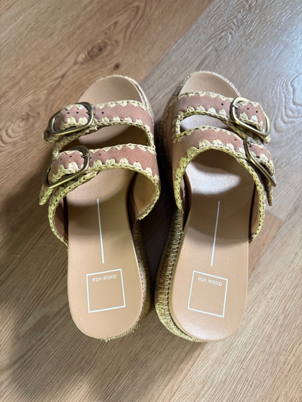 Dolce Vita Tan and Gold Buckle Espadrille Slides